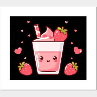 Strawberry Milkshake Ice Cream with Strawberries and Hearts in Kawaii Style | Kawaii Food Art Posters and Art